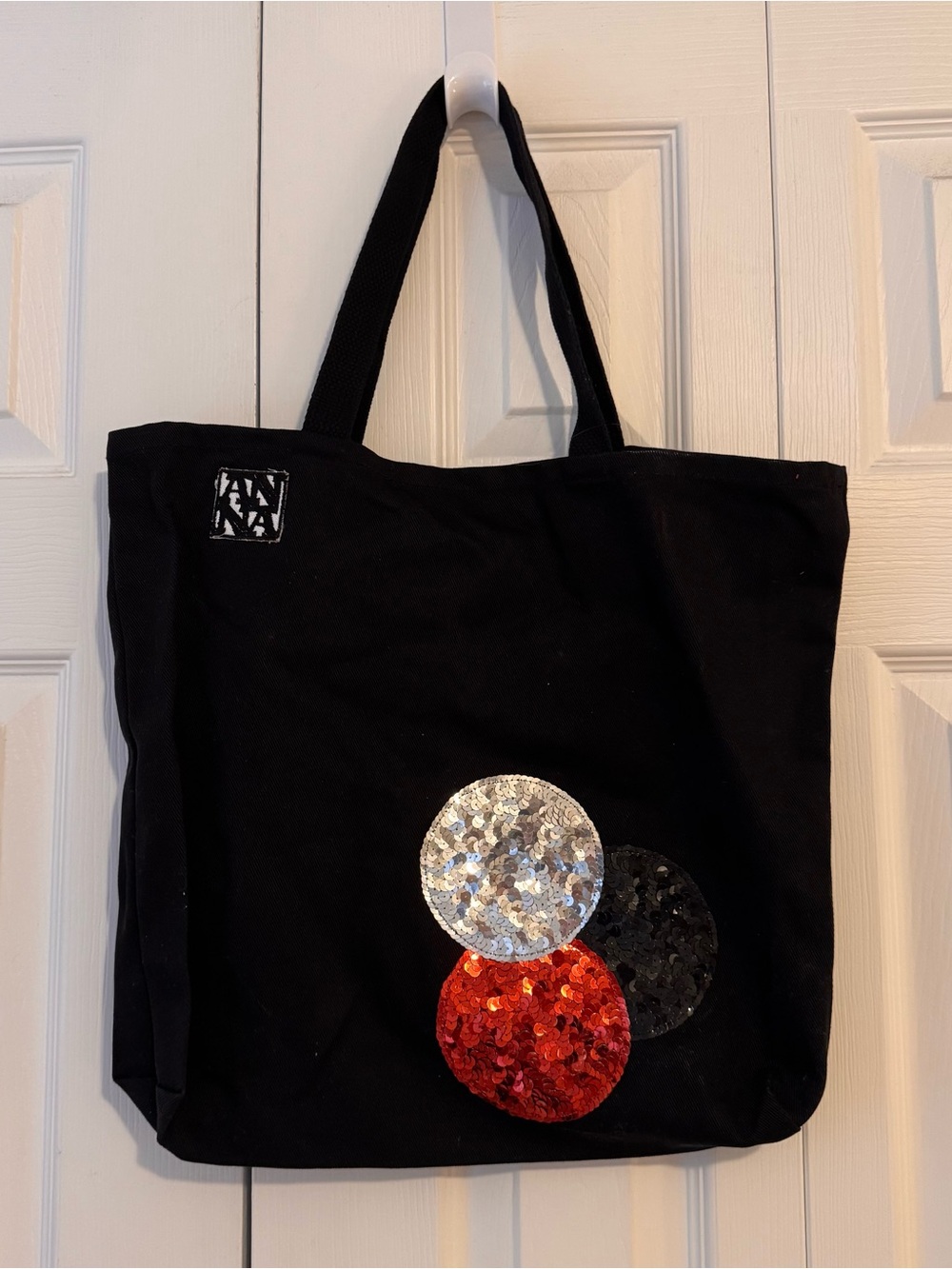Vintage Anna Sui Black Tote with Silver, Black, and Red Sequin Circles